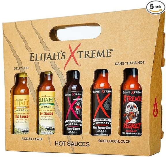 Elijah's Xtreme Hot Sauce Gift Sets - 5 Pack Award Winning Hot Sauce Sampler Includes Mango Habanero Sauce, Roasted Jalapeno Cayenne Pepper Sauce, Sweet Reaper Sauce, Ghost Pepper Hot Sauce, & Regret