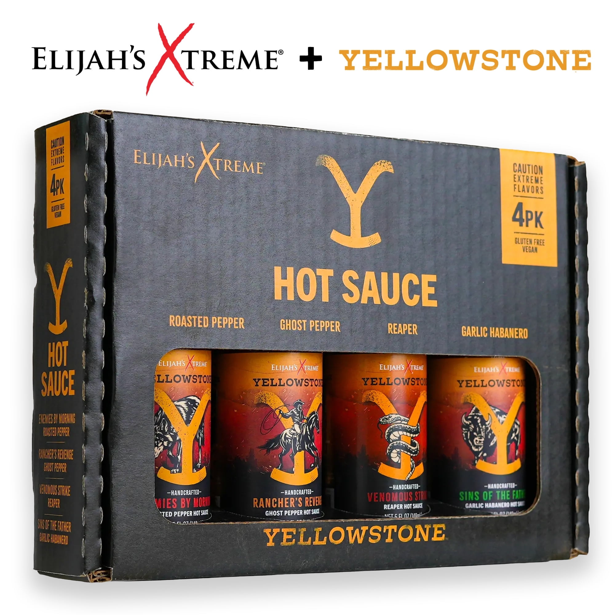 Elijah's Xtreme + Yellowstone Hot Sauce Variety Pack 4 Flavors, Garlic Habanero, Fire Roasted Jalapeno, Fiery Ghost Pepper Sauce, Sweet Heat Reaper Sauce, 5oz Bottles