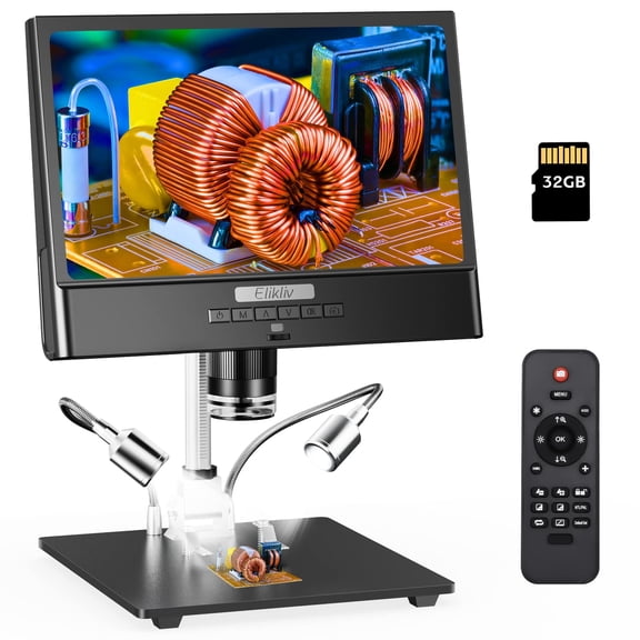 Elikliv 10" Digital Microscope, 50X-1300X Soldering Microscope with Metal Stand,1080P Video Microscope, 10 LED Fill Lights, 12MP Ultra-Precise Focusing (32 GB)
