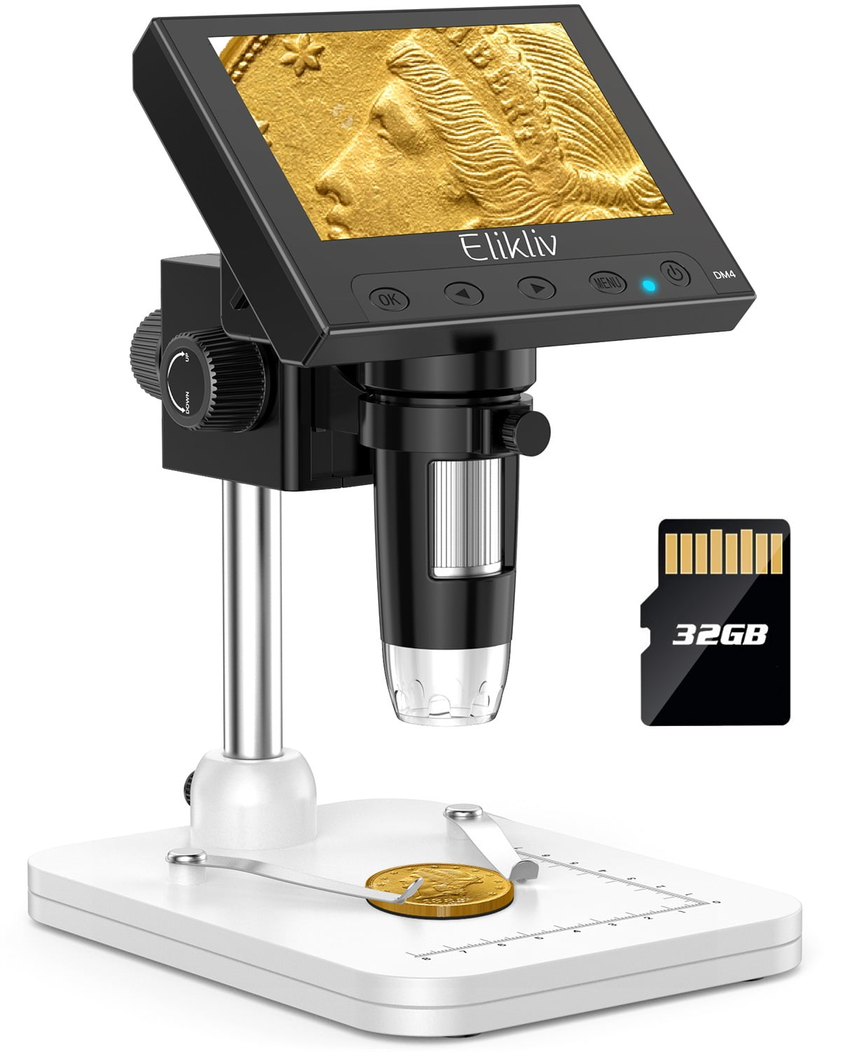 Elikliv 4.3" Digital Microscope,1000x Coin Magnifier with 8 Adjustable LED Lights, PC View