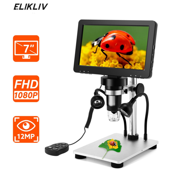 Elikliv 7 Inch Rotatable LCD Digital Microscope, 1080P 12MP Camera for Electronic Soldering, Coin Insect Stamp Observation