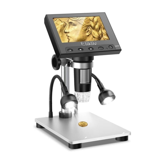 Elikliv 8MP 1080P Digital Microscope, 4.3" LCD Screen with Adjustable LED Lights, Metal Stand, Windows Mac Compatible for Coin Inspection, Soldering & Kids Science Education