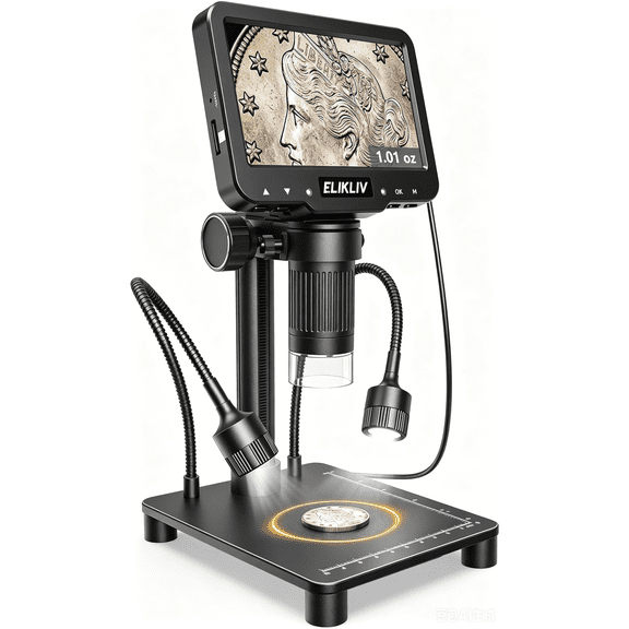 Elikliv Digital Coin Microscope 4.3" LCD Screen 12MP 1080P, Jewelry Magnifier with Scale & Fill Lights, USB Connectable Digital Magnifying Glass for Coin Collectors Jewelry Inspection