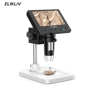 Elikliv Digital Microscope with 4.3'' LCD Screen, USB HD, 8 Adjustable LEDs, Stand Included, for Inspection, Repair, Teaching & Hobby Use