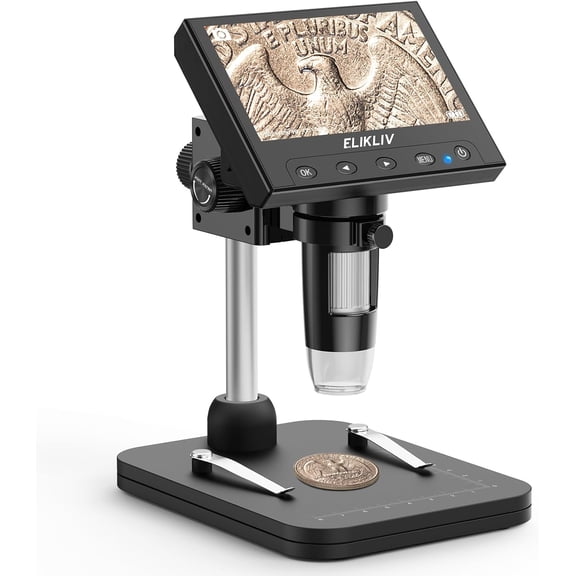 Elikliv EDM4B Coin Collector Digital Microscope, 4.3 Inch LCD Display, 8 Dimmable LED Lights, Supports Windows & Mac PC Connection, Black