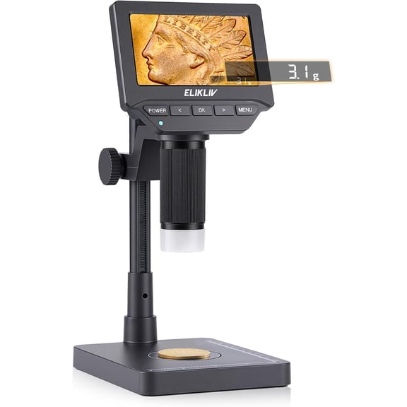 Elikliv EDM4C Coin Microscope with Scale, 4.3" Screen Adjustable LED Light, Windows Mac Compatible for Coin Collectors Jewelers Students