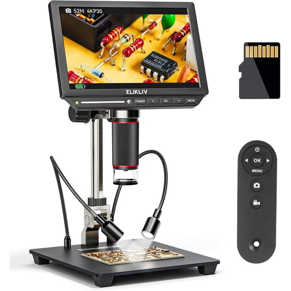 Elikliv EM4K 8" 52MP 4K HDMI Digital Microscope, 3840P UHD Video Microscope with 10" Stand for Coin Jewelry Electronics Soldering Repair