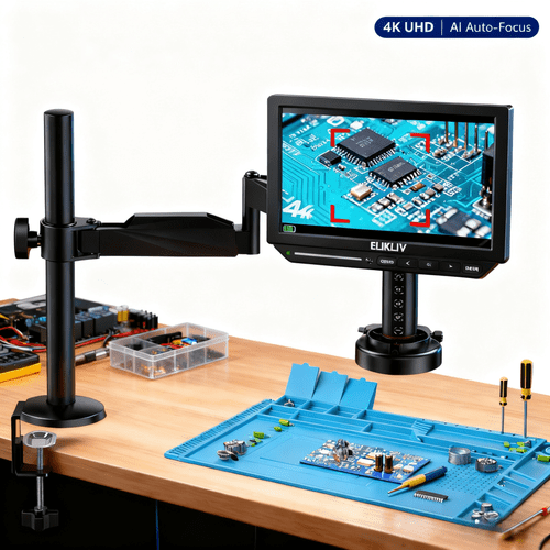 Elikliv EM4K-AF 4K Autofocus HDMI Digital Microscope, 10.1" 52MP LCD Coin Microscope with Light, Flex Arm, Mat & 64G for Soldering Electronics Repair