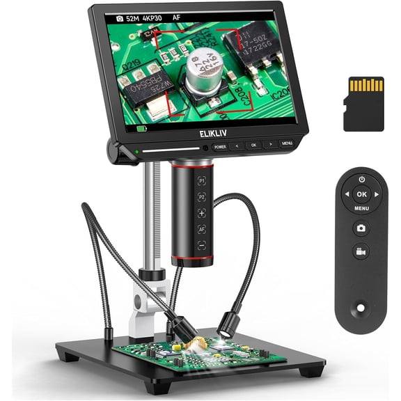 Elikliv EM4K-AF Autofocus 4K Digital Microscope, 52MP 8" IPS Screen, HDMI USB Output 10" Stand for PCB Soldering, Coin & Watch Inspection