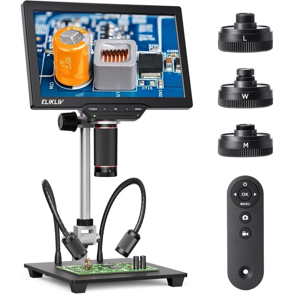 Elikliv TL301 Max 4K Digital Soldering Microscope, Magnetic 3-Lens,10.1" IPS Screen, Side Light,10in Stand,PC/TV Compatible Coin Magnifier for Adult Repair