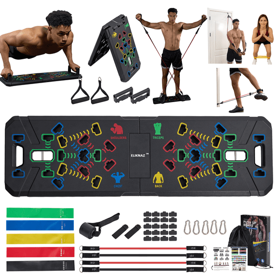 Eliknaz Portable Push Up Board Gym Kit 25-in-1, Foldable Push Up Station & Exercise Board Workout Set with 18 Accessories, Resistance Bands & Handles, Ankle Straps for Men, Women & Teens