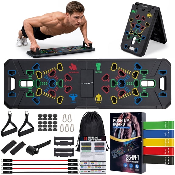 Eliknaz Portable Push Up Board Gym Kit 25-in-1, Foldable Push Up Station & Exercise Board Workout Set with 18 Accessories, Resistance Bands & Handles, Ankle Straps for Men, Women & Teens