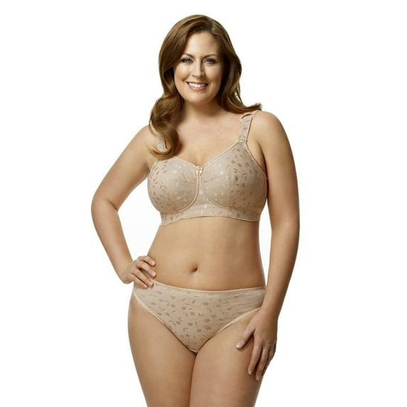 Elila Women's Plus Size Super Curves Jacquard Softcup Bra, Full Coverage Wire-Free Firm Support, Style 1305 Beige