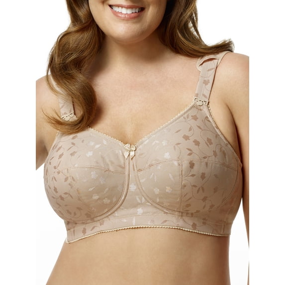 Elila Women's Plus Size Super Curves Jacquard Softcup Bra, Full Coverage Wire-Free Firm Support, Style 1305 Beige