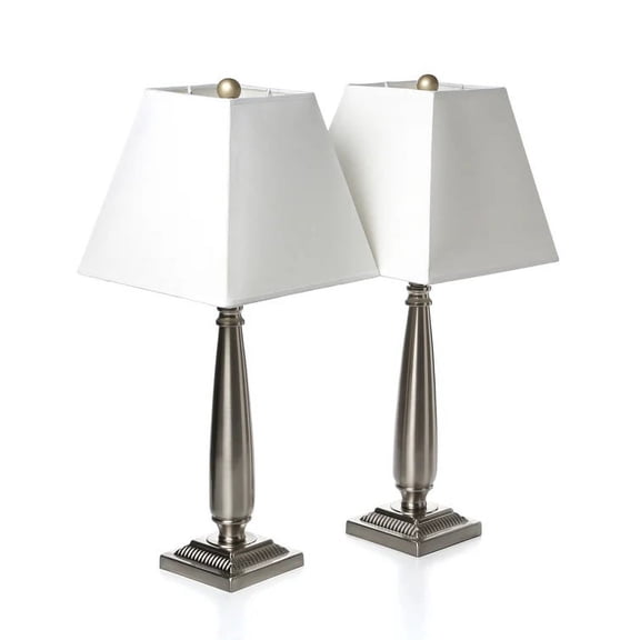Elin Table Lamp Set, Brushed Nickel Metal Body & White Fabric Shade, (Set of 2)