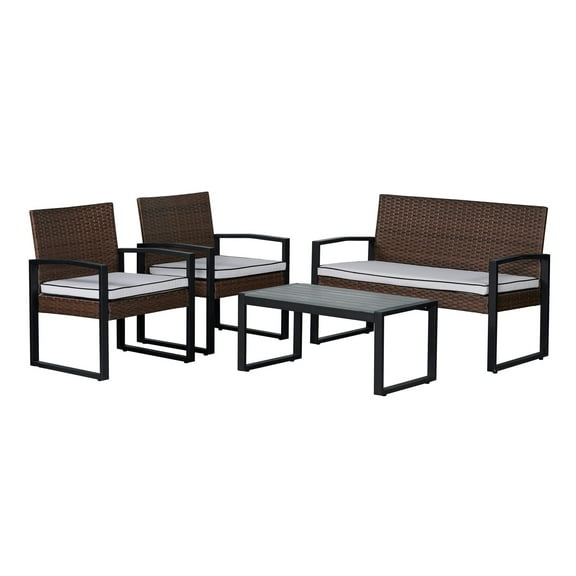 Elina 4-Piece Modern Coastal Faux Wicker Conversation Outdoor Patio Set, White/Black