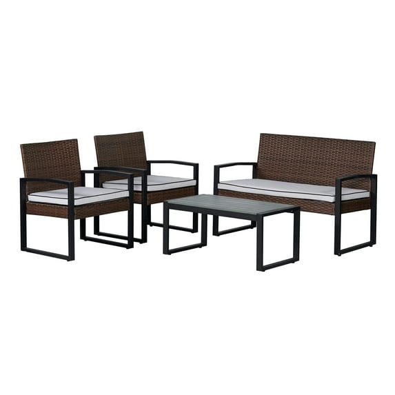 Elina 4-Piece Modern Coastal Faux Wicker Conversation Outdoor Patio Set, White/Black