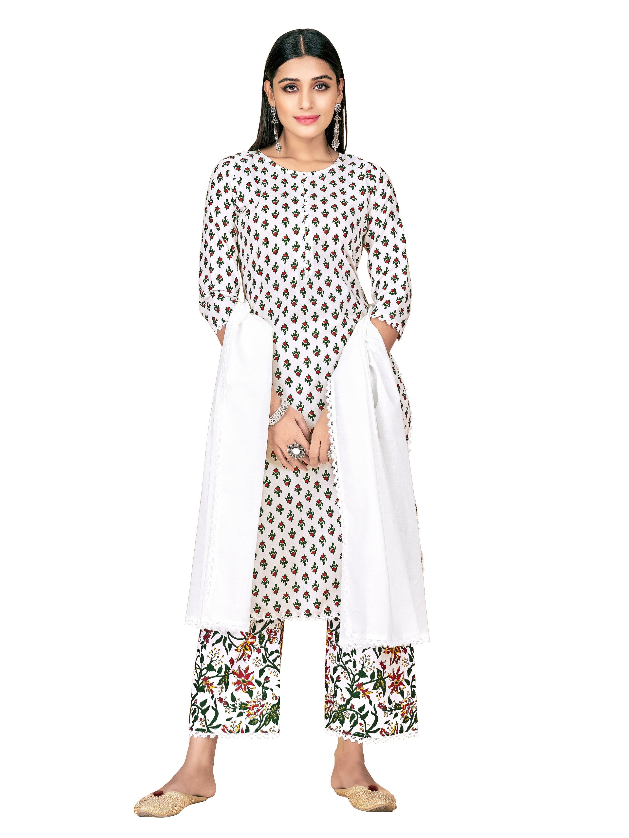 Printed white kurti, pant and dupatta with gota lace work - Kurti Fashion