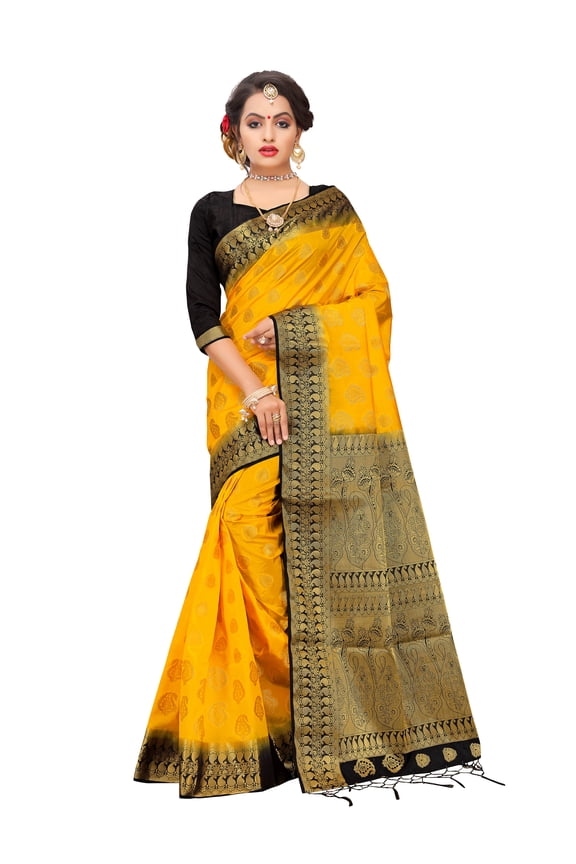 Sarees For Women's Banarasi Art Silk Woven Work Saree l Indian Wedding Sari & Blouse Piece (Yellow)