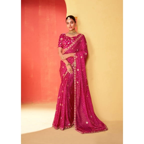 Elina Fashion Women's Moss Chiffon Foil Print Red Saree with Unstitched Blouse