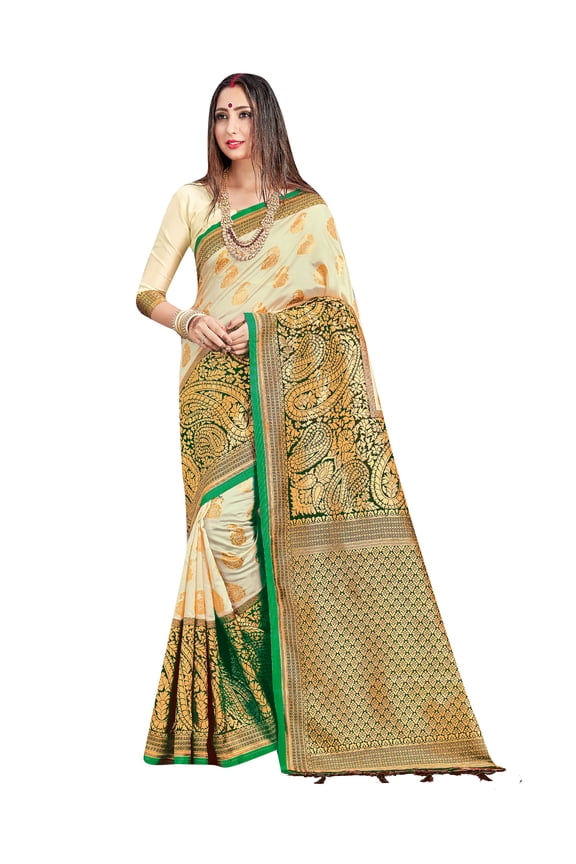 off White 100% Banarasi Art Silk Traditional Sari (Women's)