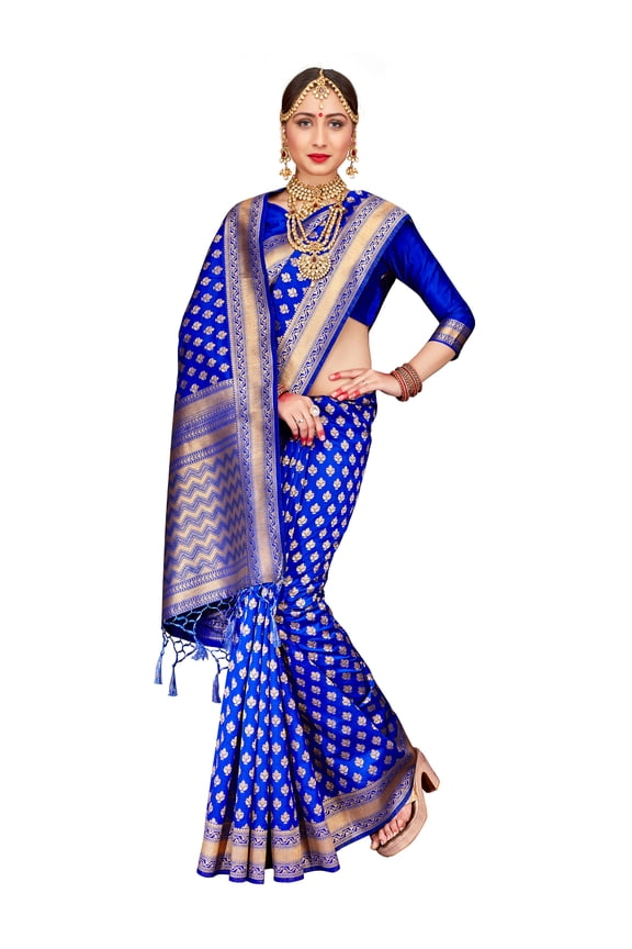 Sarees for Women Banarasi Art Silk Woven Saree l Indian Wedding Traditional Wear Sari and Blouse (Blue)