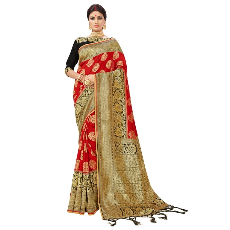 Pumpkin Art Silk Saree Sari fabric India Golden Border - Indian Selections