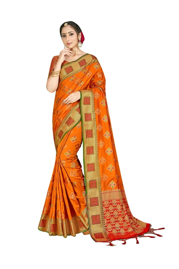 Sarees for Women Indian Wedding Ethnic Banarasi Art Silk Woven Work Saree, Sari with Unstitched Blouse Orange