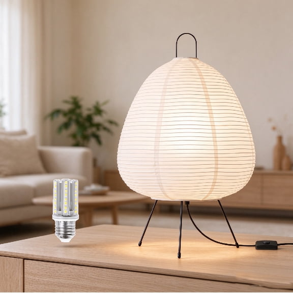 Elinkume Japanese Rice Paper Table Lamp, 17 Inch Bedroom Tripod Paper Lamp with 3 Color Bulb