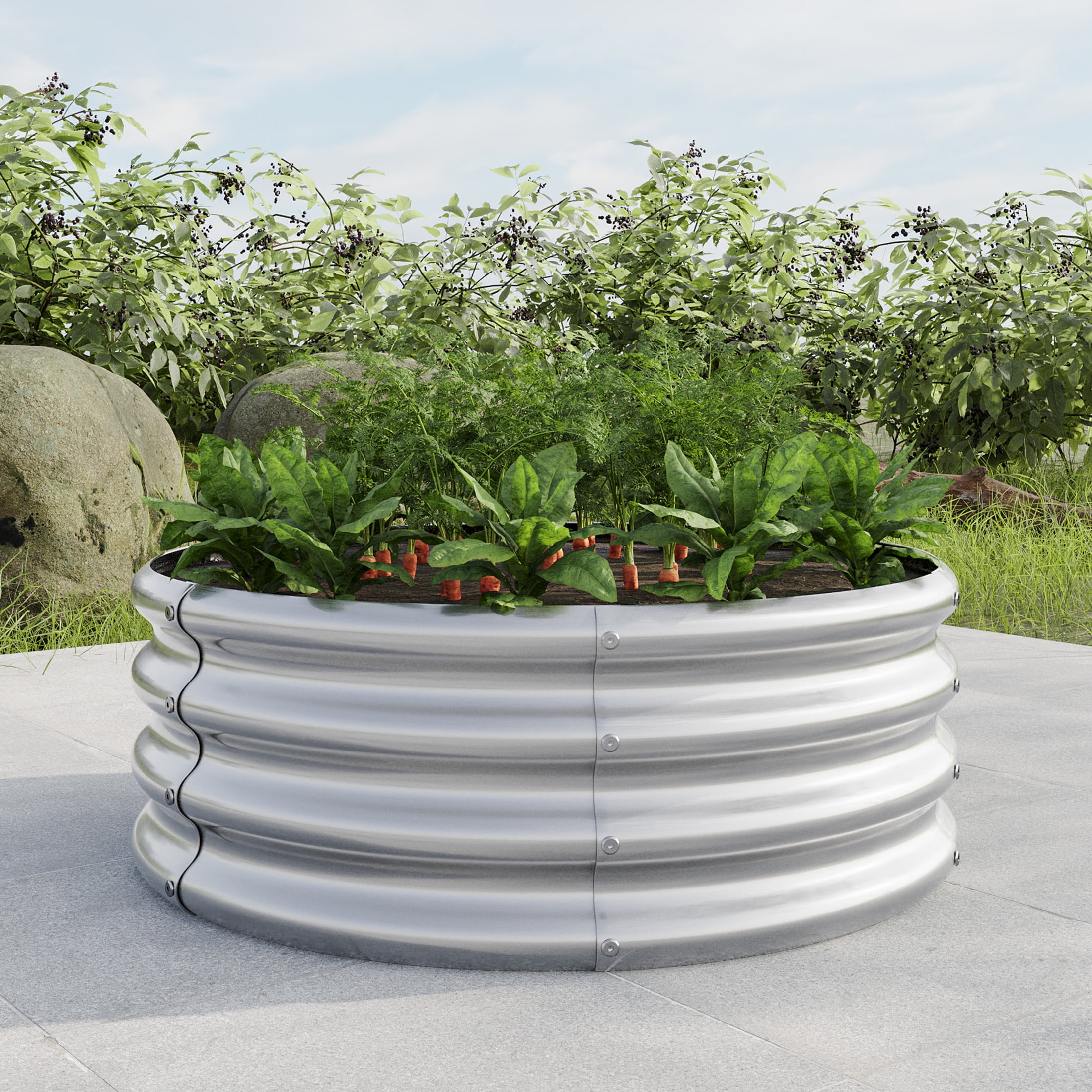 Elio Outdoor Metal 2.7x2.7x1ft Round Raised Garden Bed, 11.4" H Planter Box, Rust-Resistant, Open Bottom, Sturdy for Vegetables, Herbs, Flowers, Silver