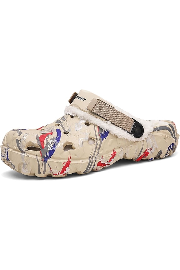 Mens Lined Clogs Camo Fuzzy Garden Shoes Winter Slip-On Slippers Sandals with Adjustable Back Strap