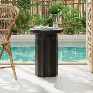 Elion Outdoor Patio Round Side Table, Concrete, MGO, Black Marble Design