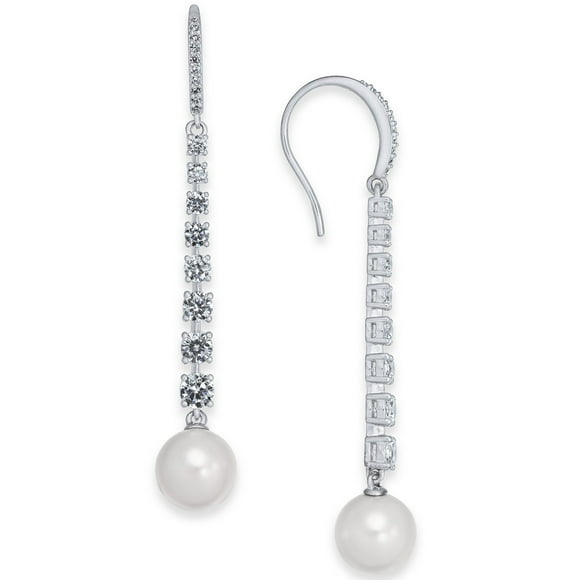 Imitation Pearl & Cubic Zirconia Linear Drop Earrings (Silver)