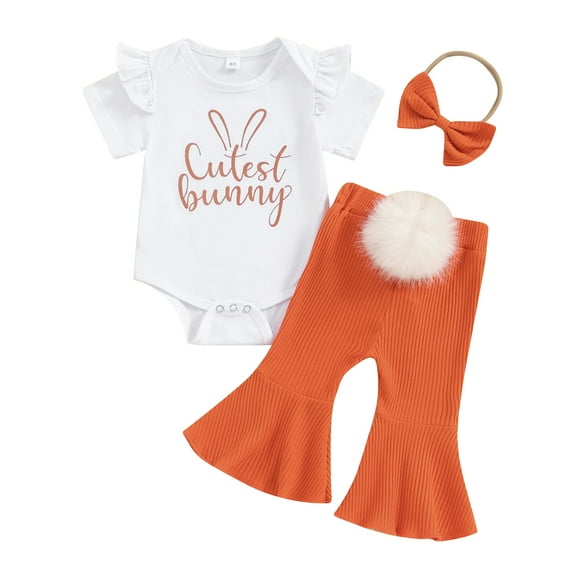 Elippeo 0-18M Toddler Baby Girl Easter Outfit 3 6 12 18 Months Bunny Rabbit Print Rompers Bell-Bottom Flared Pants Sets Clothes