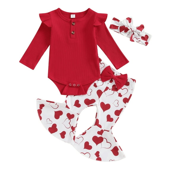 Elippeo 0-Baby Girl Valentines Day Outfits 3M 6M 12M 18M Ruffle Long Sleeve Ribbed Romper Tops Flare Pants Set Clothes Set
