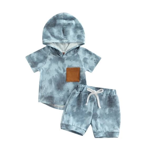 Elippeo 2 Pcs Infant Pants Set 0-5 Years Boys Contrast Color Short Sleeve Hooded Pullover + Drawstring Shorts