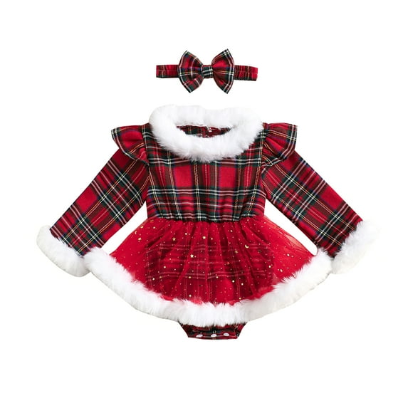 Elippeo 2-Piece Baby Girls Plaid Set 3 6 12 18 Months Terry Trim Sequins Mesh Dress Long Sleeve Ruffled Romper Bow Headband Adorable Outfits