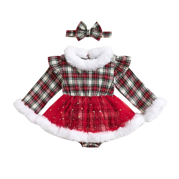 Elippeo 2-Piece Baby Girls Plaid Set 3 6 12 18 Months Terry Trim Sequins Mesh Dress Long Sleeve Ruffled Romper Bow Headband Adorable Outfits