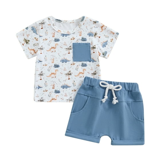 Elippeo 2Pcs Baby Boy Summer Outfits 6 12 18 24 Months 3 4 Years Short Sleeve Chicken/Animal Print Tops + Shorts Set Toddler Clothing