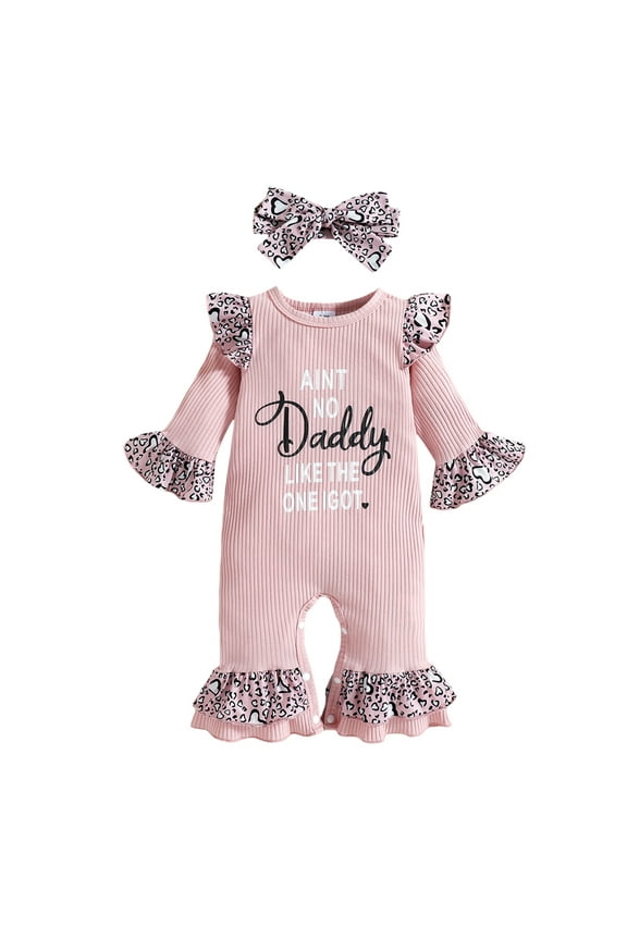 2Pcs Baby Girls Boys Romper Clothing 3M 6M 9M 12M 18M Letter Leopard Print Flare Sleeves Jumpsuit + Headband