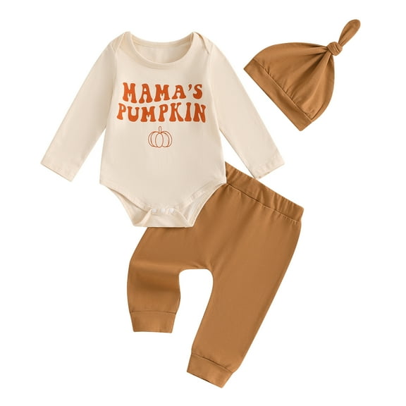 Elippeo 3-Piece Baby Boy Halloween Set 3 6 9 Months Letter Pumpkin Print Long Sleeve Romper Long Pants Hat Outfits