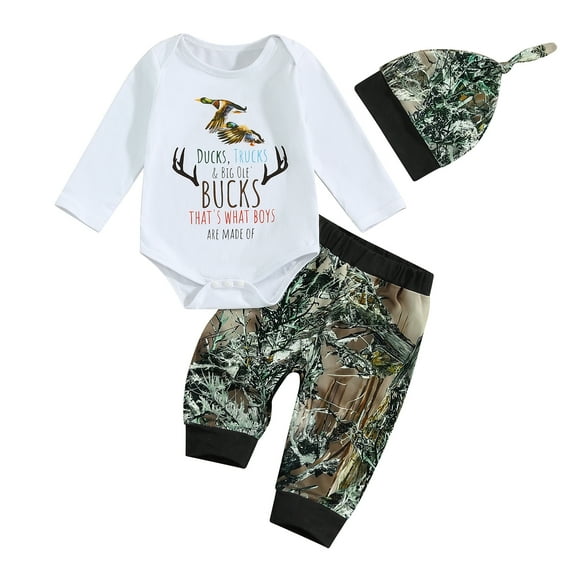 Elippeo 3-Piece Baby Boys Set Duck Letter Print Long Sleeve Round Neck Romper Long Trousers Hat Outfits