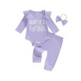 thumbnail image 1 of Elippeo 3-Piece Baby Girls Ribbed Set Letter Print Long Sleeve Round Neck Ruffled Romper Long Trousers Hair Band Adorable Outfits 3 6 9 12 Months, 1 of 9