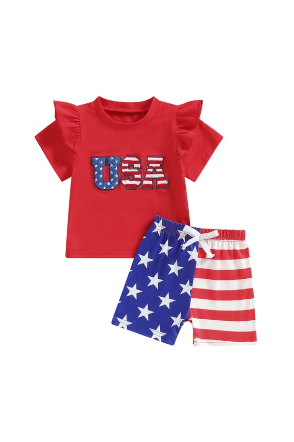 4th of July Toddler Girls Outfits 6 12 18 24 Months 3 Years Letter Embroidery Crew Neck Short Sleeve T-Shirts Stripe Stars Print Shorts 2Pcs Clothes Set