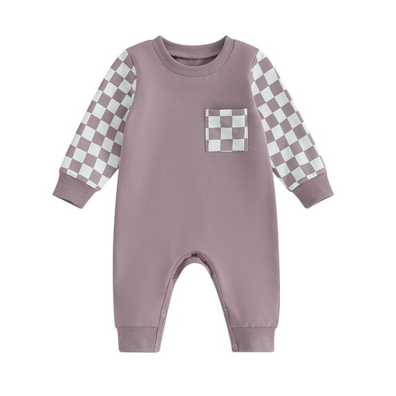 Elippeo Autumn Baby Boys Girls Jumpsuits 3M 6M 12M 18M Long Sleeve Checkerboard Plaid Print Patchwork Pocket Rompers