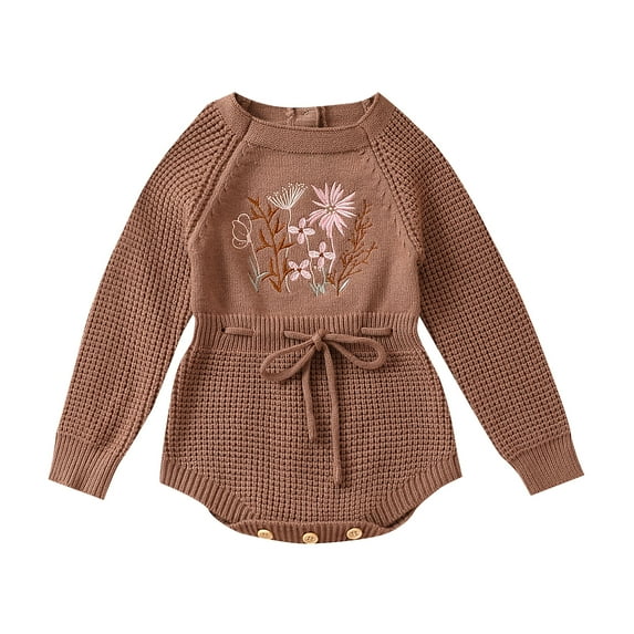 Elippeo Autumn Infant Baby Girl Knit Jumpsuit 6M 9M 12M 18M 24M Flower Embroidery Long Sleeve Drawstring Waist Romper Fall Clothes