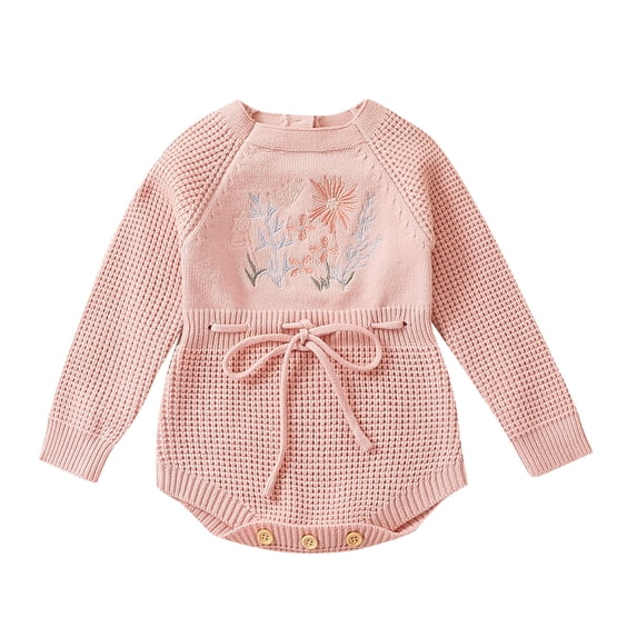 Elippeo Autumn Infant Baby Girl Knit Jumpsuit 6M 9M 12M 18M 24M Flower Embroidery Long Sleeve Drawstring Waist Romper Fall Clothes