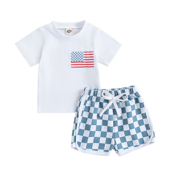 Elippeo Baby 2 Piece Outfits 4th of July Flag Print Short Sleeve T-Shirt and Elastic Checkerboard Shorts Set Summer Clothes