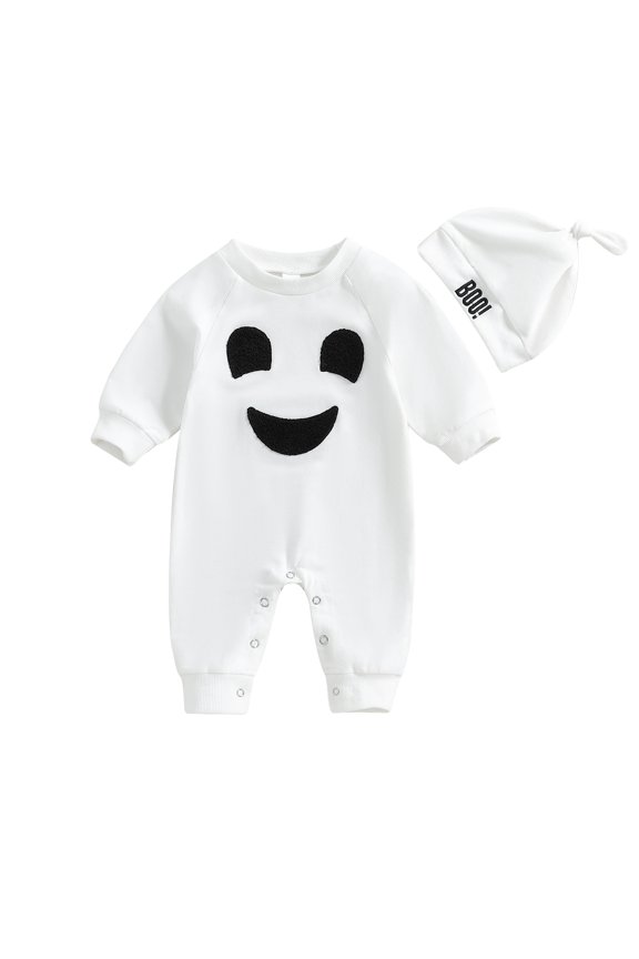 Baby 2Pcs Halloween Outfits Long Sleeve Round Neck Ghost Jumpsuit with Hat Set Infant Clothes 3 6 12 18 Months