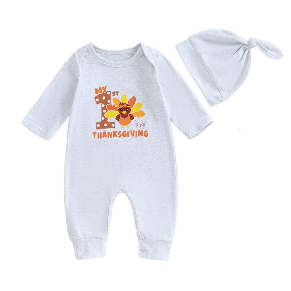 Elippeo Baby 2Pcs Thanksgiving Day Outfits 3 6 12 18 Months Long Sleeve Round Neck Turkey Print Jumpsuit with Hat Set Infant Clothes